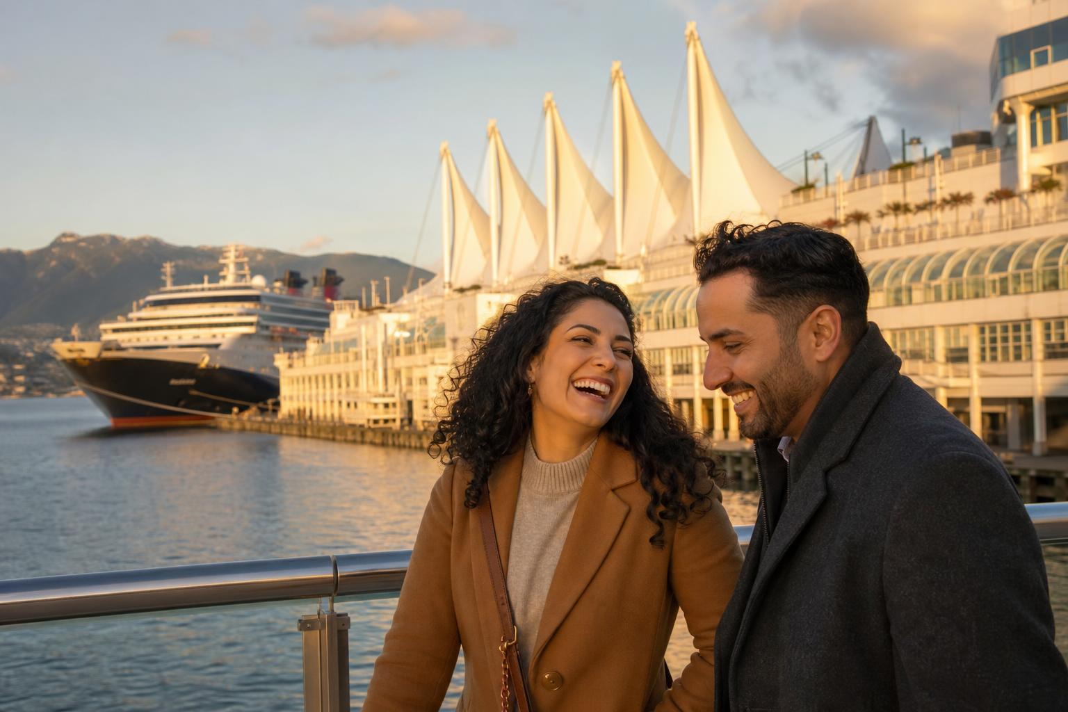 Happy travelers being photographed at Canada Place in Vancouver at golden hour